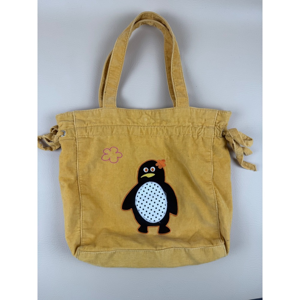 Penguin Corduroy Tote‎ Bag Yellow Applique Shoulder Purse Whimsical Cottagecore